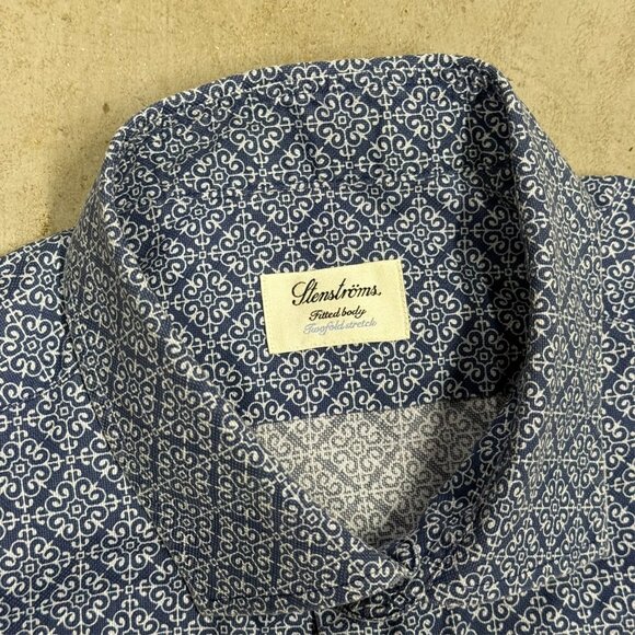 Stenstroms Fitted Body Dress Shirt Stretch Geometric Long Sleeve Blue 46 18 XXL - Picture 5 of 9